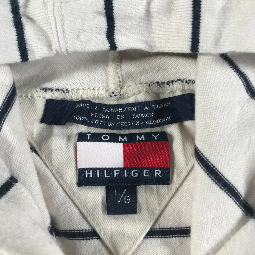 Vintage Tommy Hilfiger Hoodie Mens Large Ivory Blue Striped Maritime Provisions